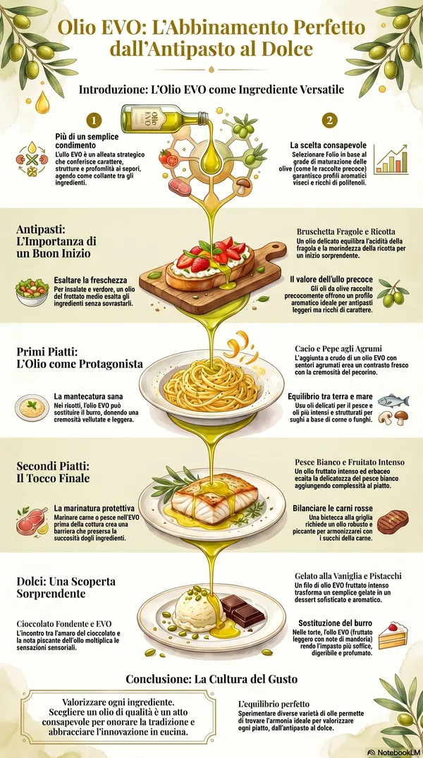 Infografica: L'olio EVO in cucina, dall'antipasto al dolce